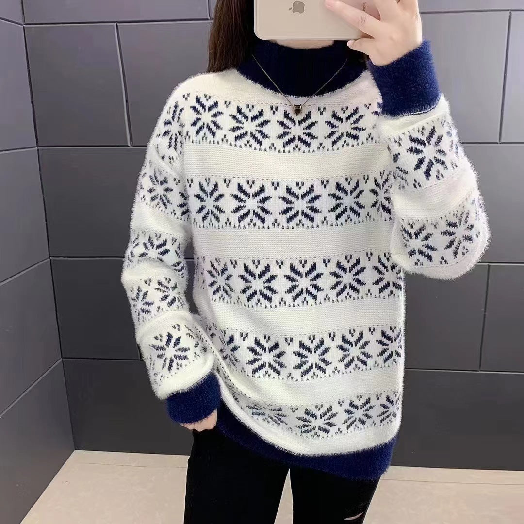 Knit sweater for women with a modern snowflake pattern and high collar Lune London