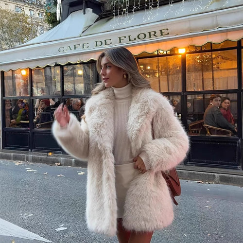 Faux fur coat for women with chic lapels and deep pockets Lune London
