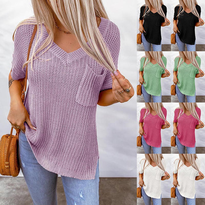 Pull en tricot décontracté pour femmes avec col en V et poches Chic & Stil