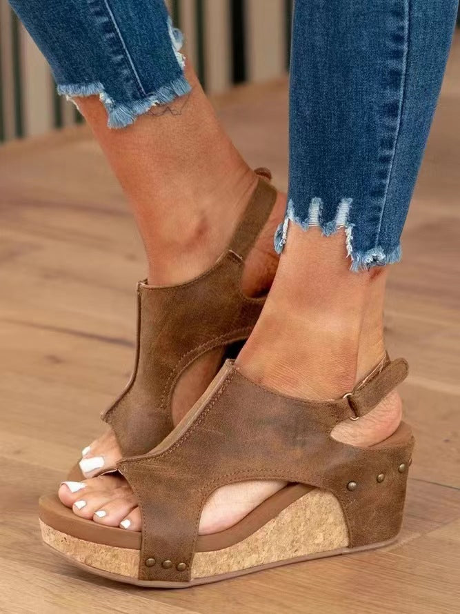 Shiny wedge sandals for women with cork sole and fashionable metallic accents Lune London