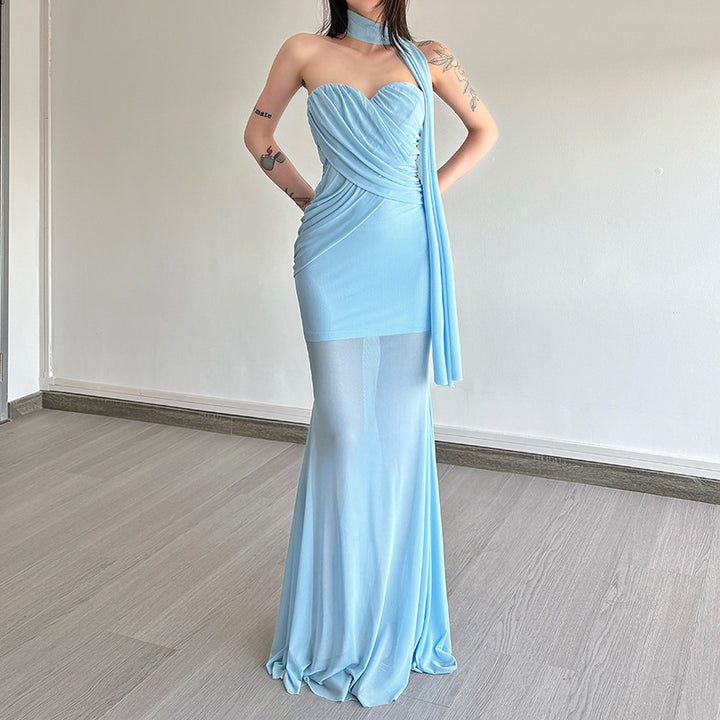 Elegant maxi dress for women with asymmetric neckline and sculpting design. Lune London