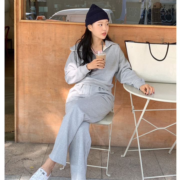 Women's sporty two-piece set with casual collar and wide pants