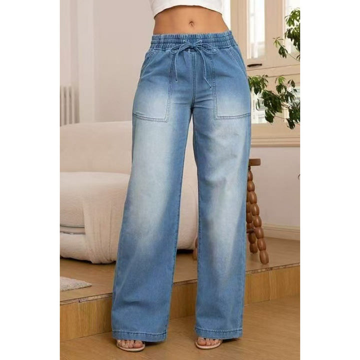 Wide denim pants for women with an elastic waistband and side pockets Lune London