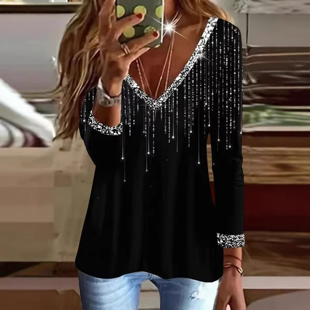 Ladies Glittering V-Neck Sweater with Elegant Rhinestone Details Chic & Stil