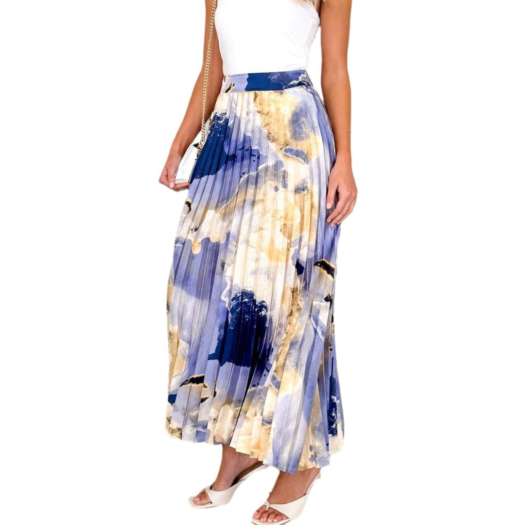 Ladies Elegant Pleated Skirt with Floral Design and Elastic Waistband Lune London