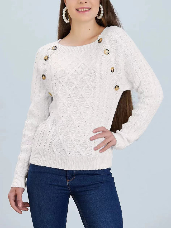 Women's knitted sweater with classic diamond pattern and decorative buttons Lune London