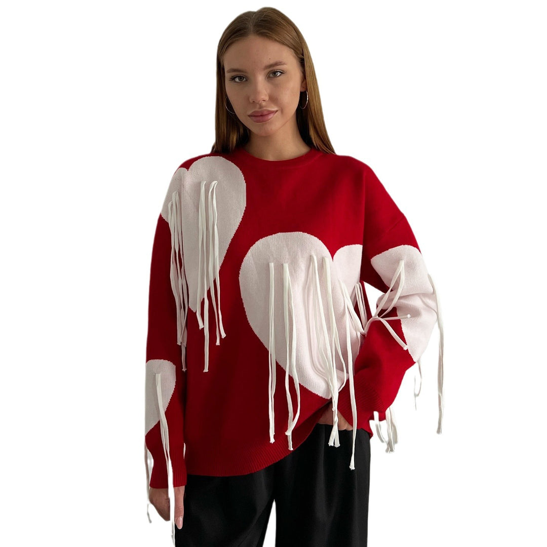 Fashionable women's sweater with a cheerful heart-shaped design and creative fringes Lune London