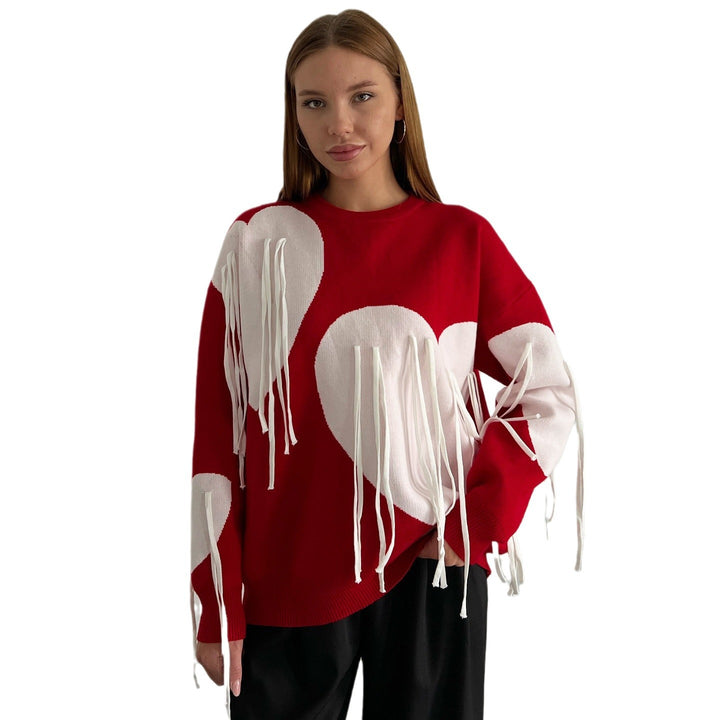 Fashionable women's sweater with a cheerful heart-shaped design and creative fringes Lune London