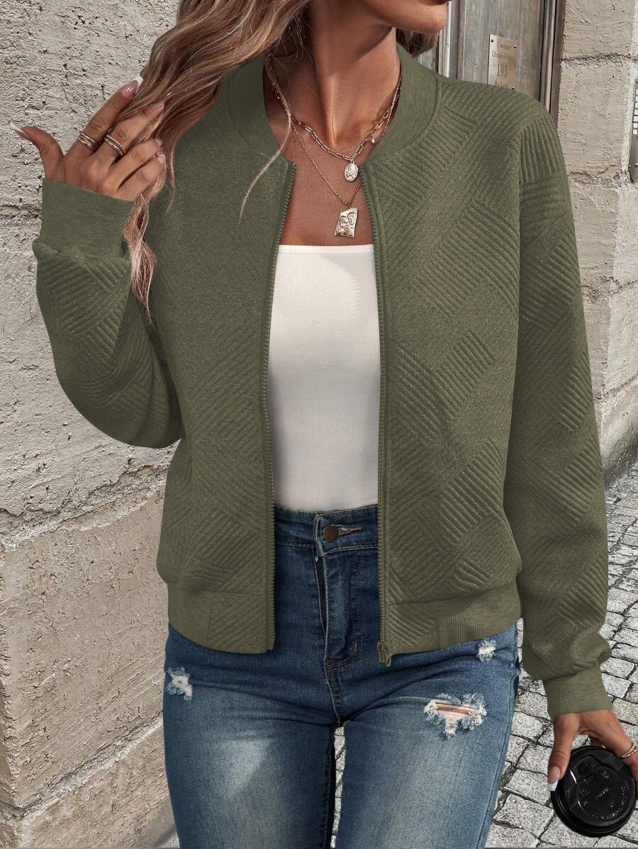 Ladies stylish sweatshirt jacket with textured pattern and high collar Chic and Style