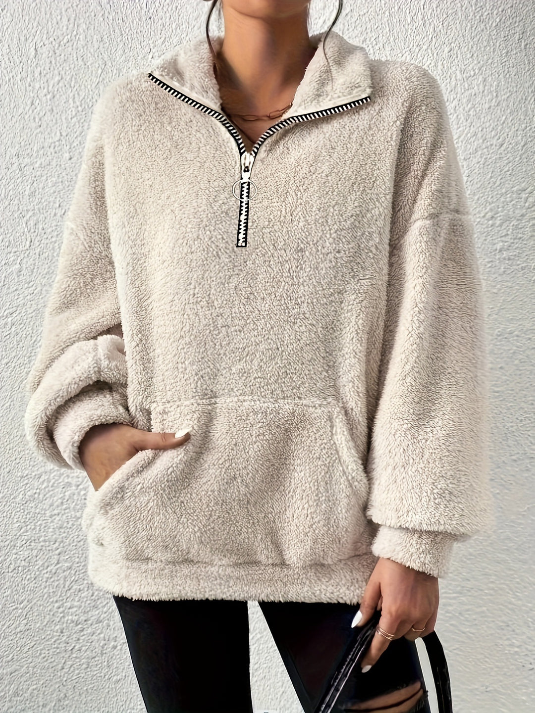 Ladies elegant fleece sweater with high collar and pockets Lune London