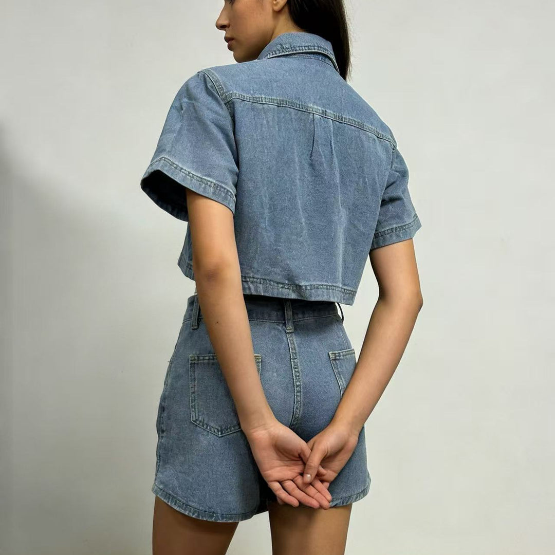 Women's stylish cropped shirt with patch pockets and casual shorts Lune London