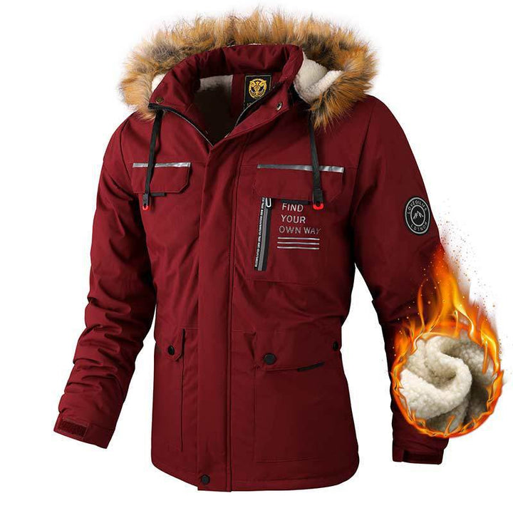 Insulated winter jacket for men with faux fur collar heating Lune London