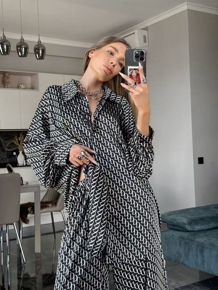 Long sleeve blouse for women with modern graphic print and elegant high collar Lune London