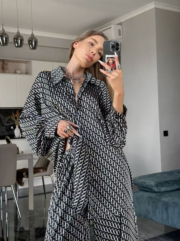 Long sleeve blouse for women with modern graphic print and elegant high collar Lune London