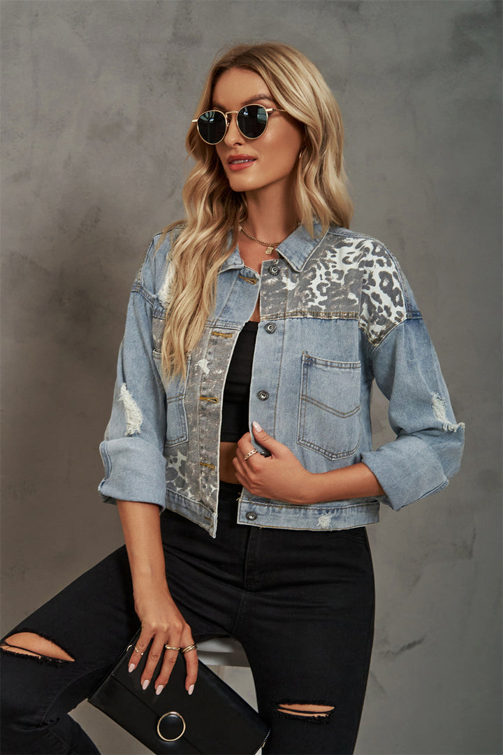 Denim jacket for women with contrasting animal print applications and a casual cut Lune London