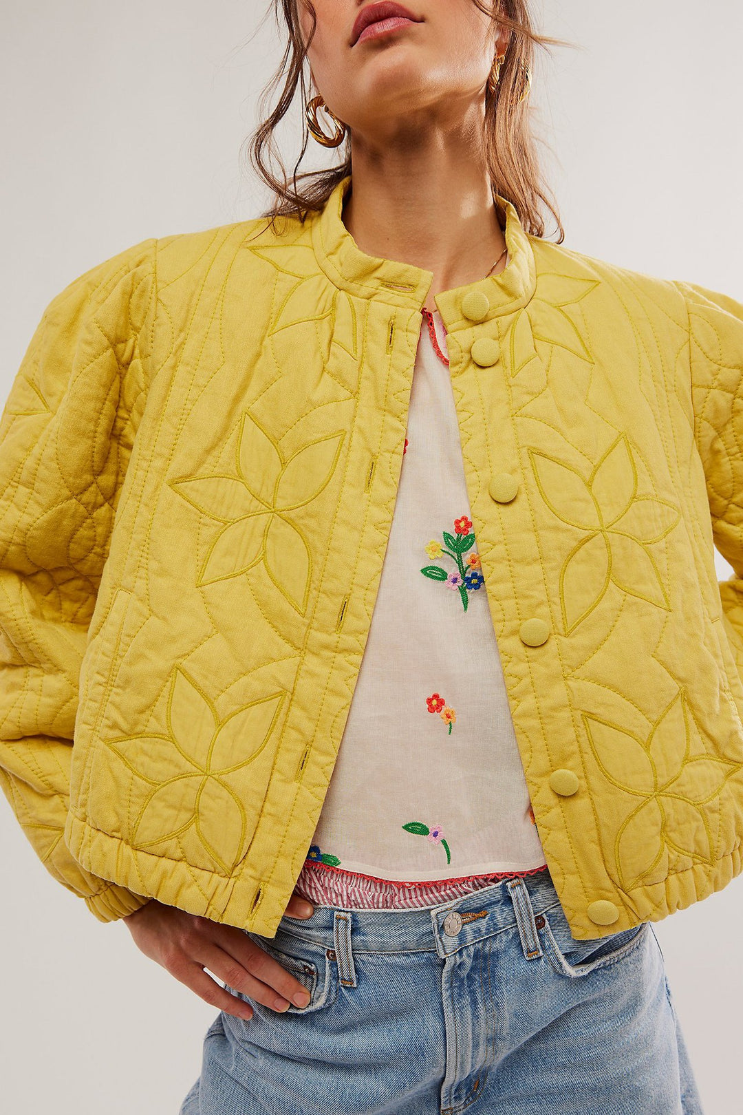 Ladies quilted bomber jacket with floral design Lune London