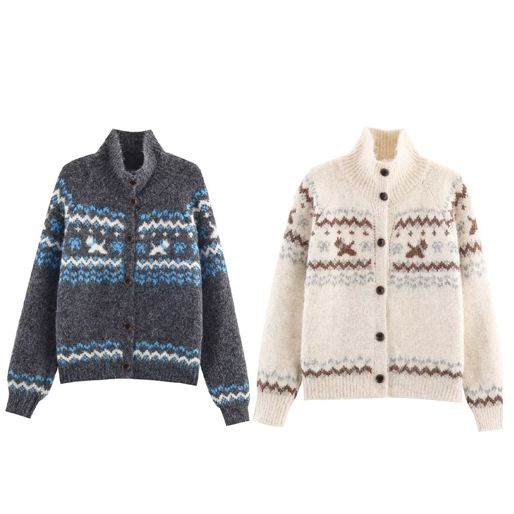 Women's cardigan with high collar and traditional Norwegian design Lune London