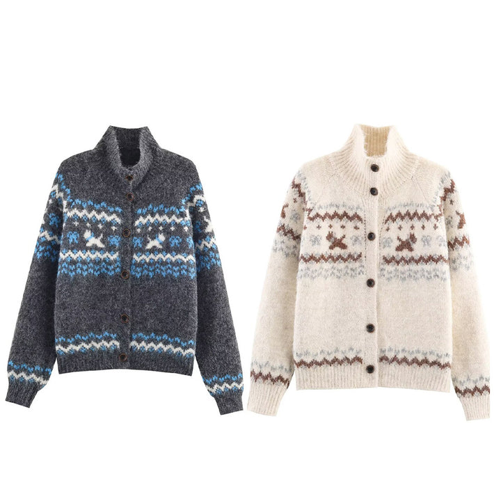 Women's cardigan with high collar and traditional Norwegian design Lune London