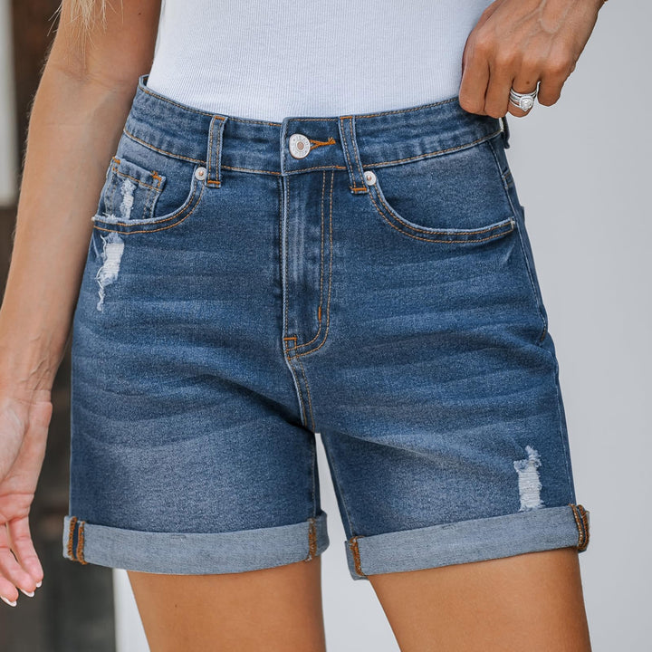 Women's denim shorts in a casual style with fashionable torn details Lune London