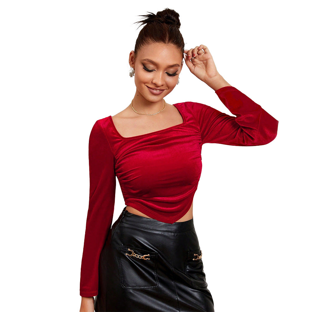 Chic & Stil elegant puff sleeve short top for women with an asymmetrical ruffle design
