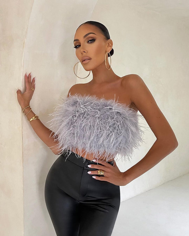 Women's Glamorous Plush Top with Removable Straps and Fringed Details Lune London