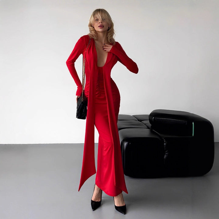 Elegant maxi dress for women with deep V-neckline and side slit Lune London