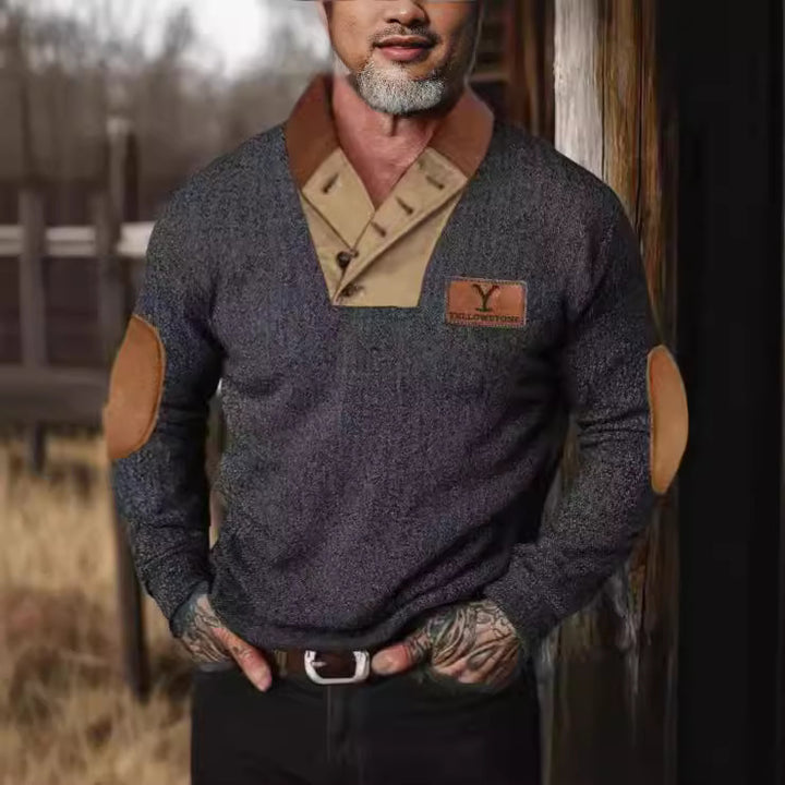 Trendy men's sweater with contrasting collar and elbow patches Lune London