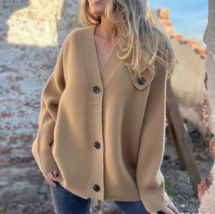 Casual knit cardigan for women with asymmetrical cut and button details Lune London