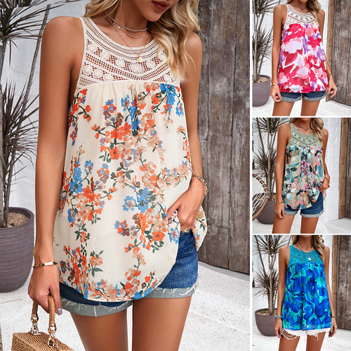 Light women's tank top with crochet neckline and floral design Lune London
