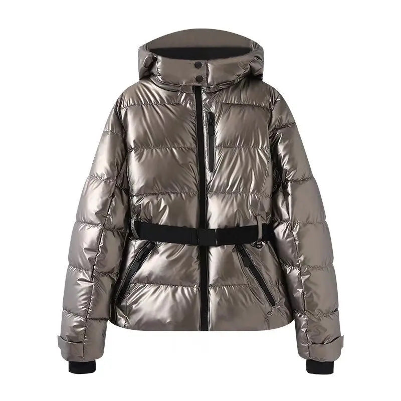 Warm quilted jacket for women with removable hood and belt at the waist Lune London