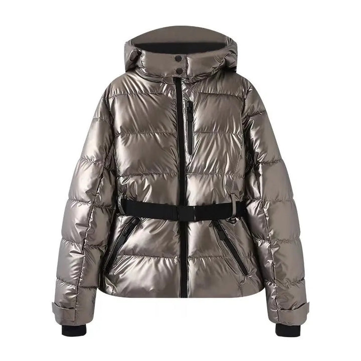 Warm quilted jacket for women with removable hood and belt at the waist Lune London