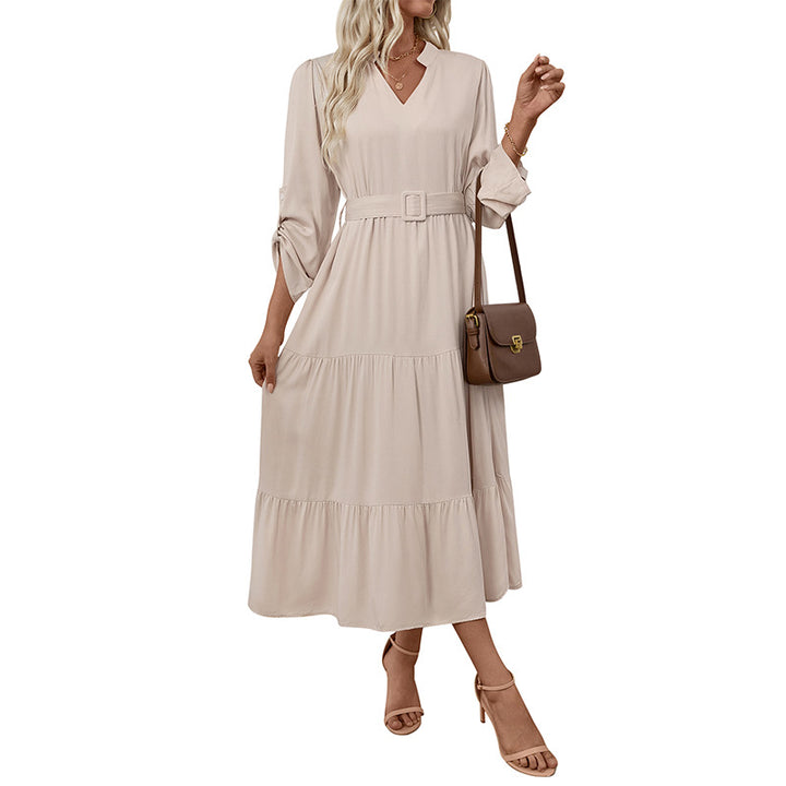 Maxi dress for women with floating ruffles and fitted belt Lune London