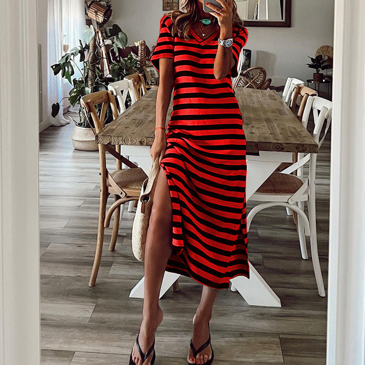 Maxi dress for women with deep side slit and trendy striped pattern Lune London