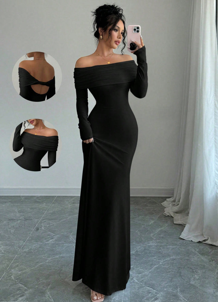 Elegant and fitted maxi dress with off-the-shoulder for women with long sleeves Lune London