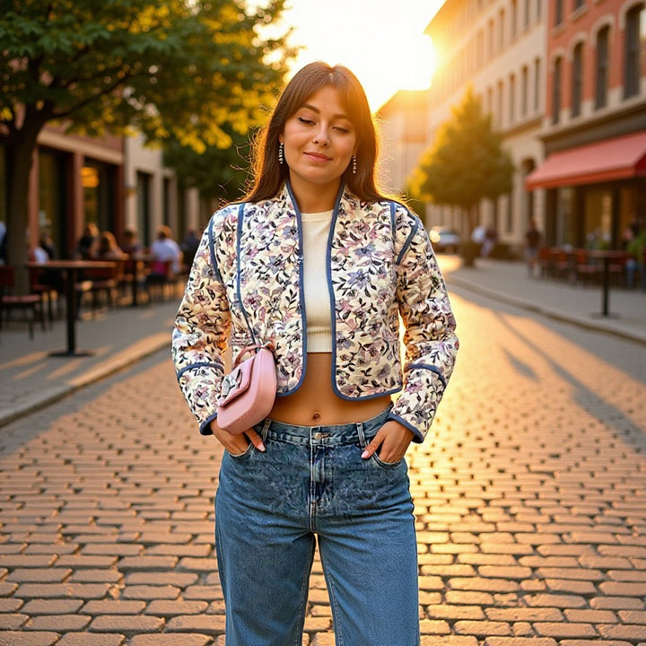 Veste courte matelassée pour femmes avec un design floral et des coutures contrastées Chic & Stil