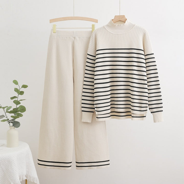 Comfortable knit loungewear set for women with cross stripe details Lune London