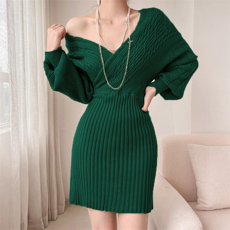 Ladies Elegant knitted dress with V-neck and textured top Lune London