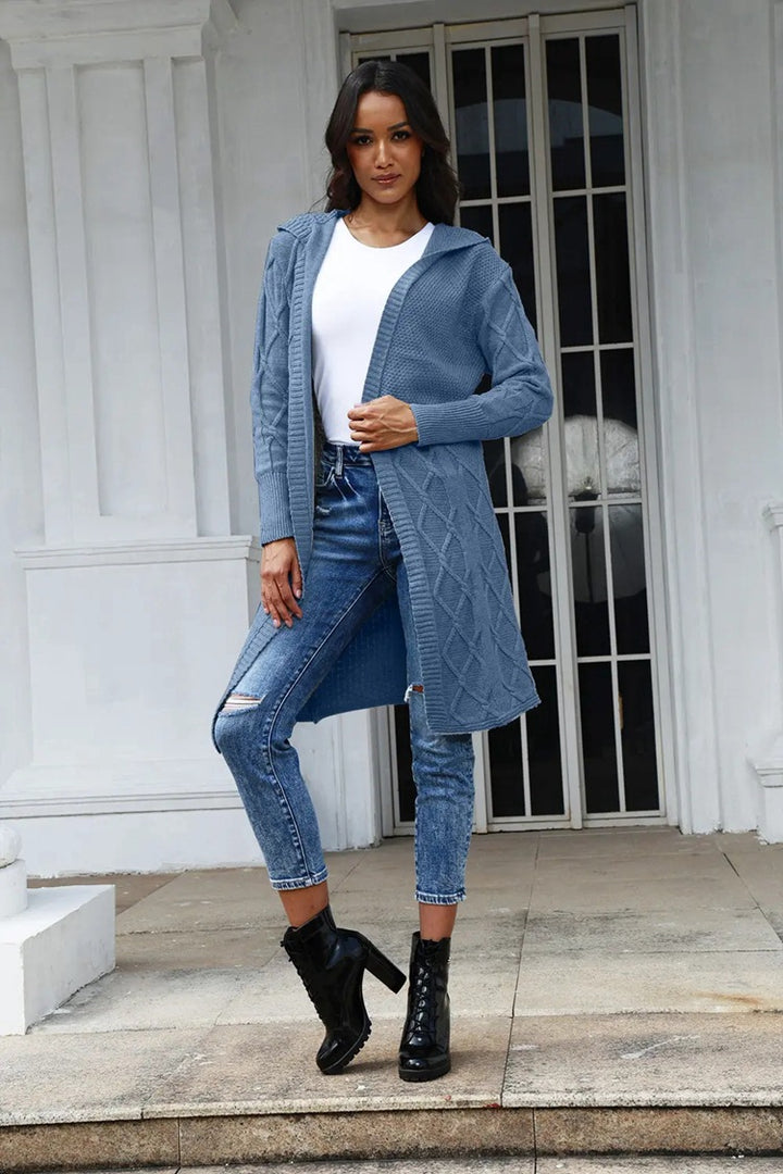 Knitted coat for women with hood and decorative braid design Lune London
