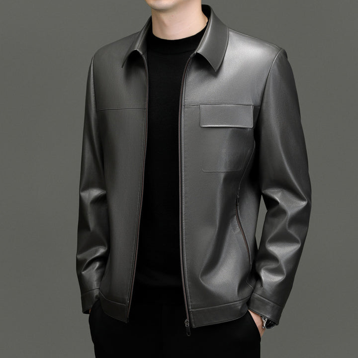 Synthetic leather jacket for men with practical zippered pockets Lune London