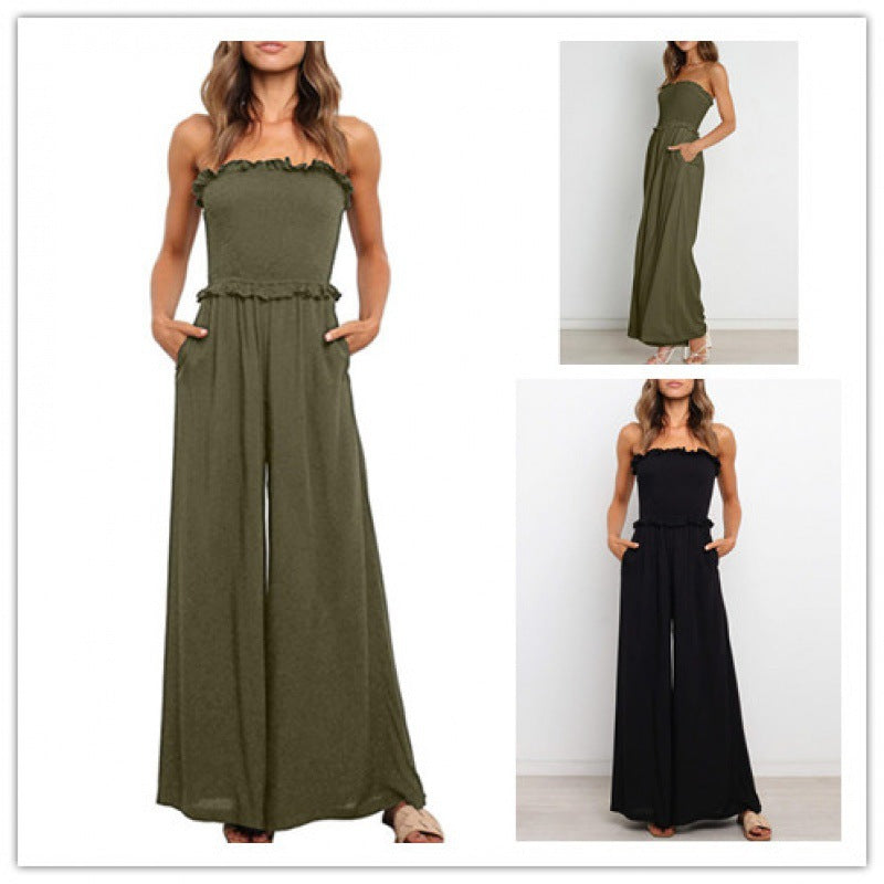 Strapless jumpsuit for women with wide legs and ruffled trim Lune London