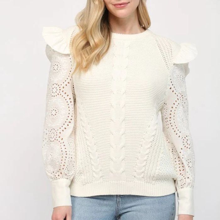 Elegant knitted sweater for women with ruffle details and lace pattern Lune London