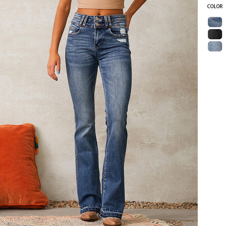 Jeans évasés taille haute pour femmes avec détails déchirés à la mode Chic & Stil