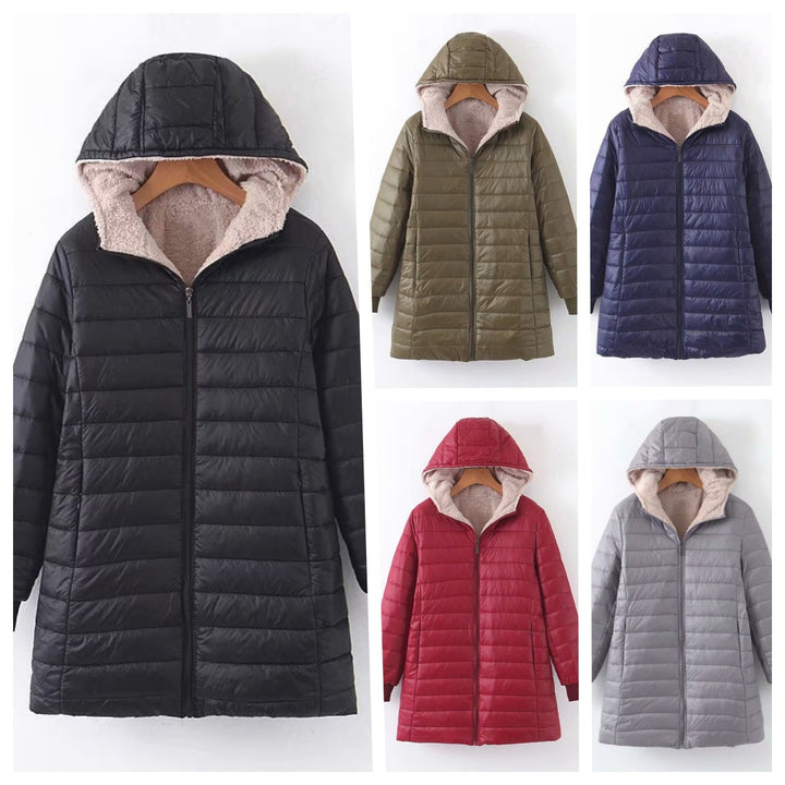 Lady down jacket with soft teddy lining and practical hood Lune London