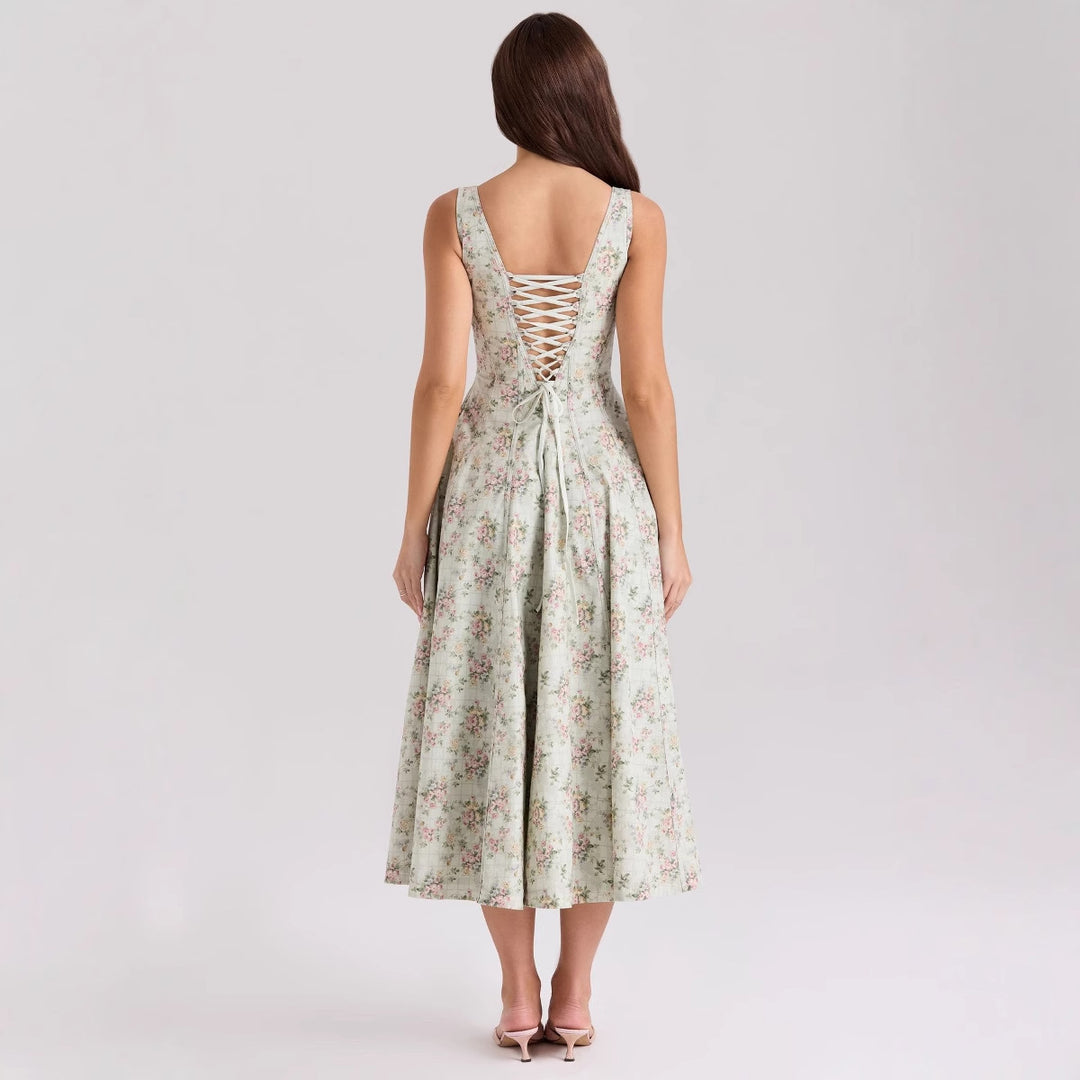 Women's Floral Maxi Dress with Slim Straps and Side Pockets
