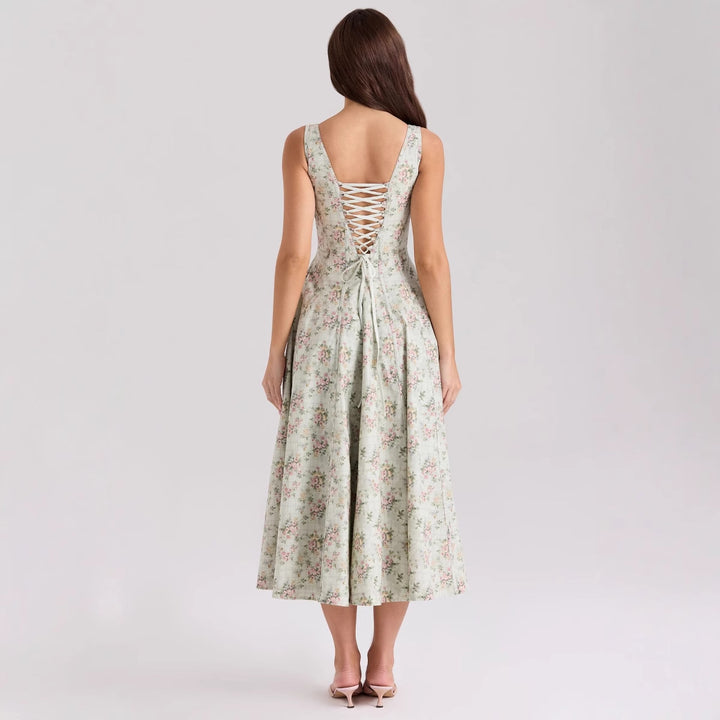 Women's Floral Maxi Dress with Slim Straps and Side Pockets