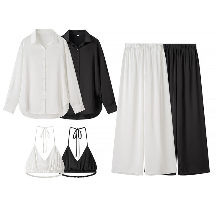 Women's set consisting of an elegant blouse, comfortable palazzo pants, and a trendy bralette Lune London