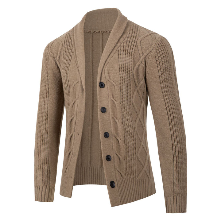 Trendy knitted jacket for men with high collar and decorative cable design Lune London