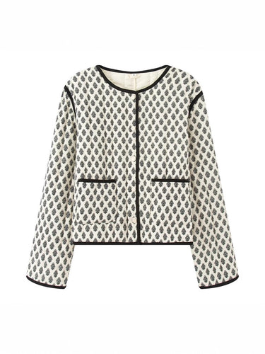 Ladies quilted jacket with decorative pockets and modern print Lune London