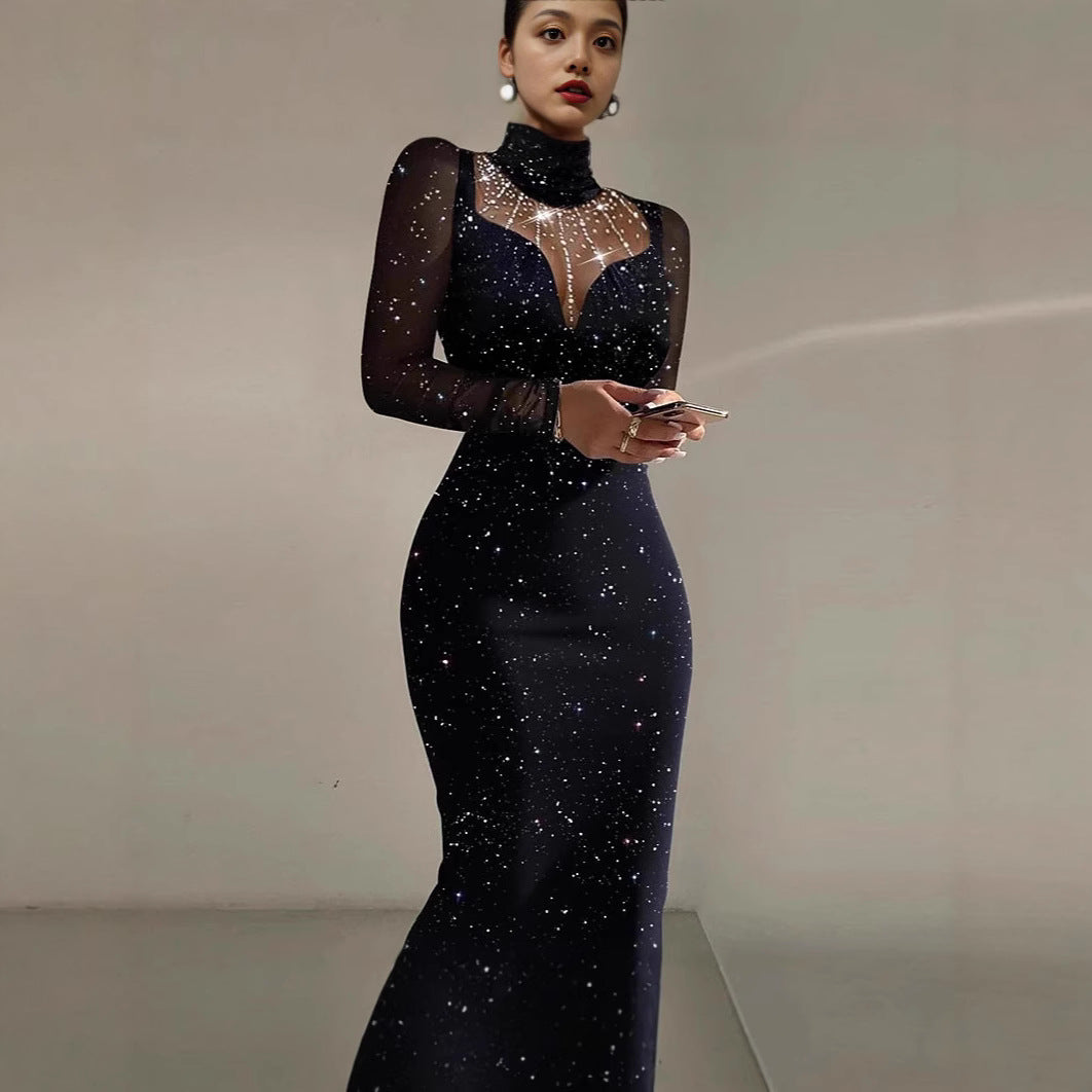 Lune London | Ladies Elegant Evening Dress with Transparent Sleeves and Shimmering Star Pattern