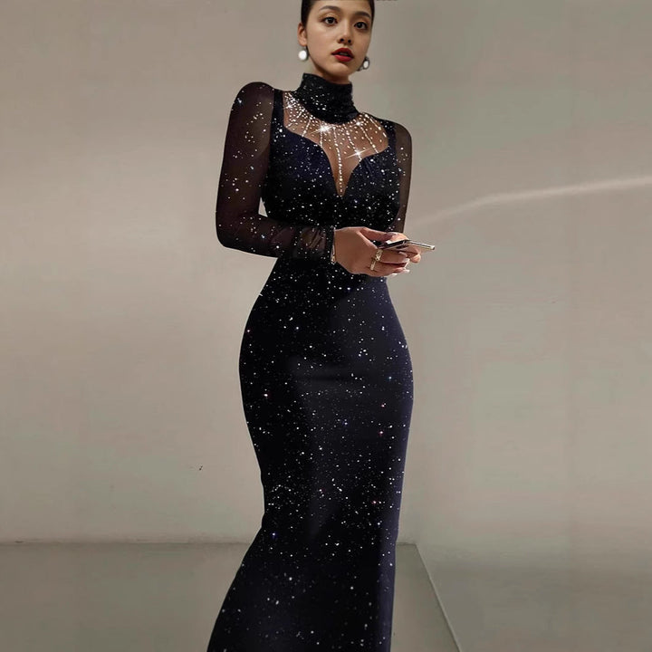 Lune London | Ladies Elegant Evening Dress with Transparent Sleeves and Shimmering Star Pattern